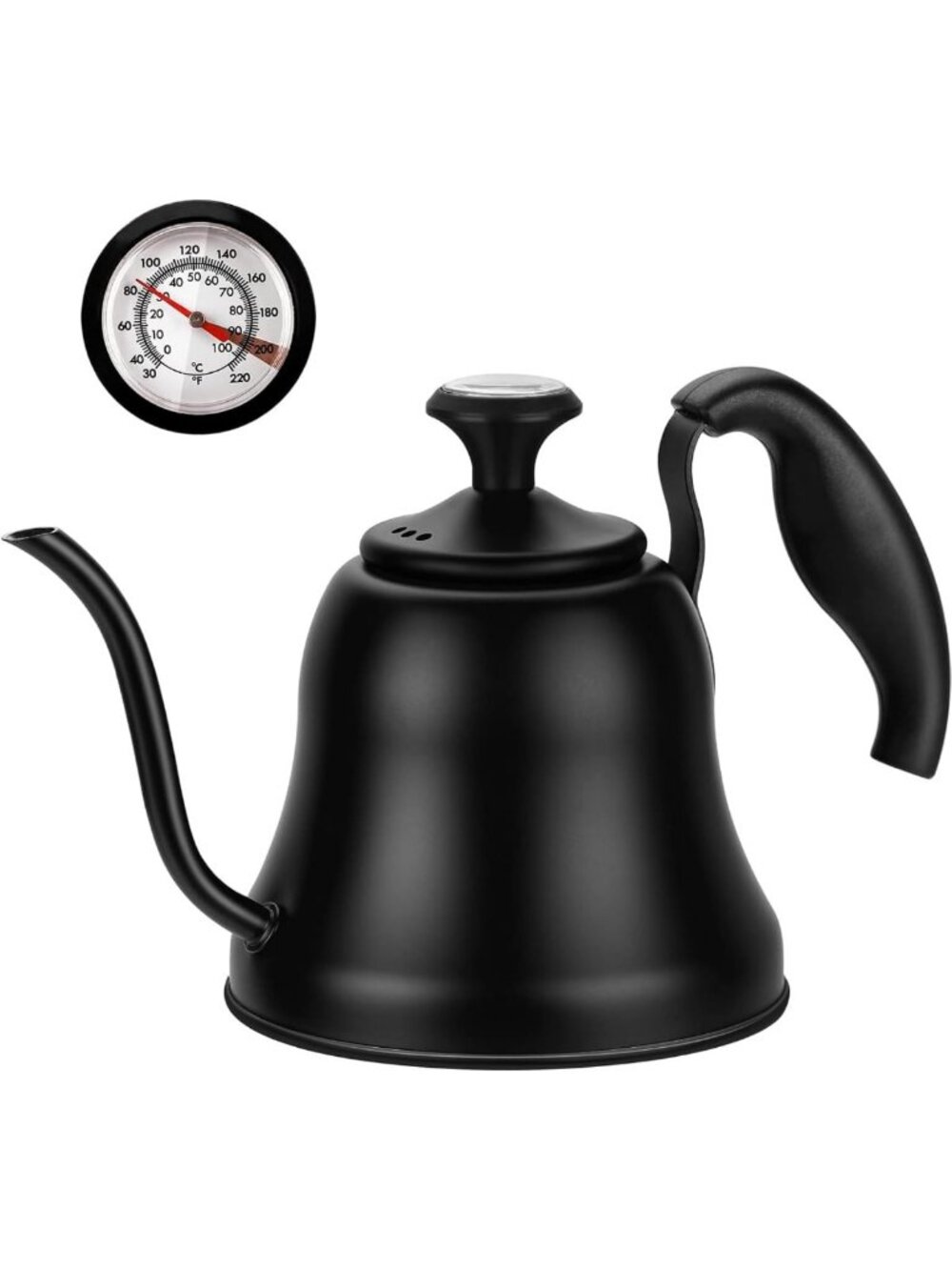Matte Black Gooseneck Tea Kettle with Thermometer, 28oz Pour Over Coffee Maker